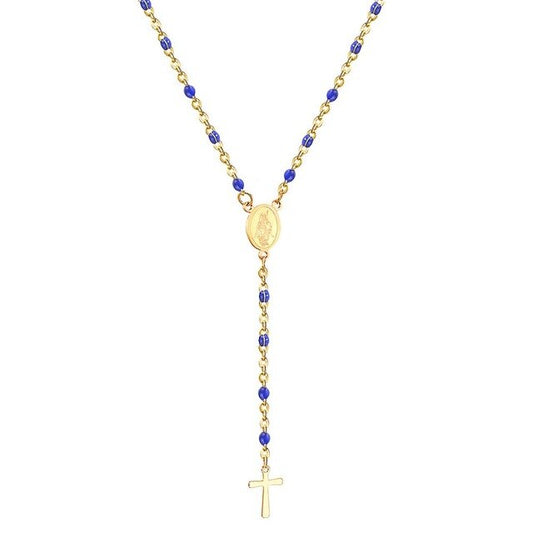 Colar Rosário / Terço Dourado e Azul em Aço - REF1501 - PIME.pt