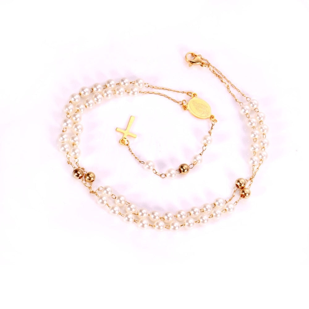 Colar Rosario/Terço Dourado com Pérolas Brancas - em Aço - REF1500 - PIME.pt